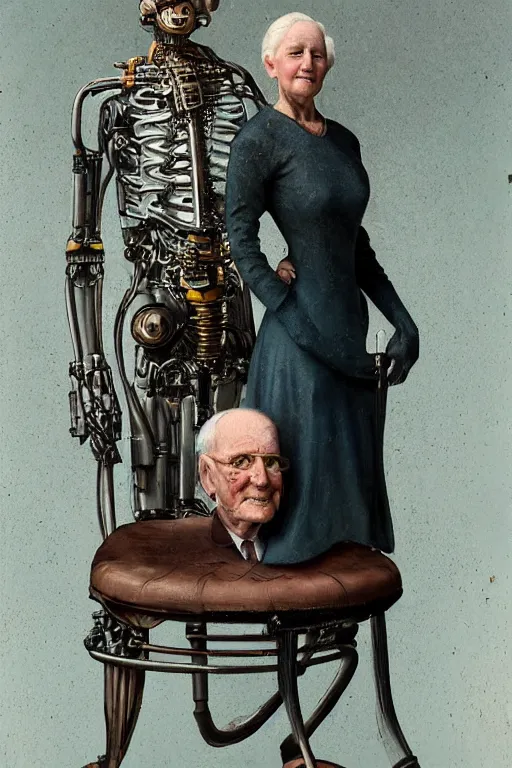 Image similar to a beautiful ultradetailed vintage couples portrait photo of old cyborg standing next to a cyborg sitting on a chair, by tom bagshaw and anna dittman, couples portrait, vignette, 35mm lens, golden ratio composition, detailed faces, studio photography, very detailed, humanoids, artstation, 8k, highly coherent