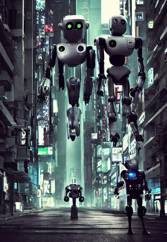 Image similar to a sad photograph two evil robots point each other, large shot, wide shot, in a street, cyberpunk photo,