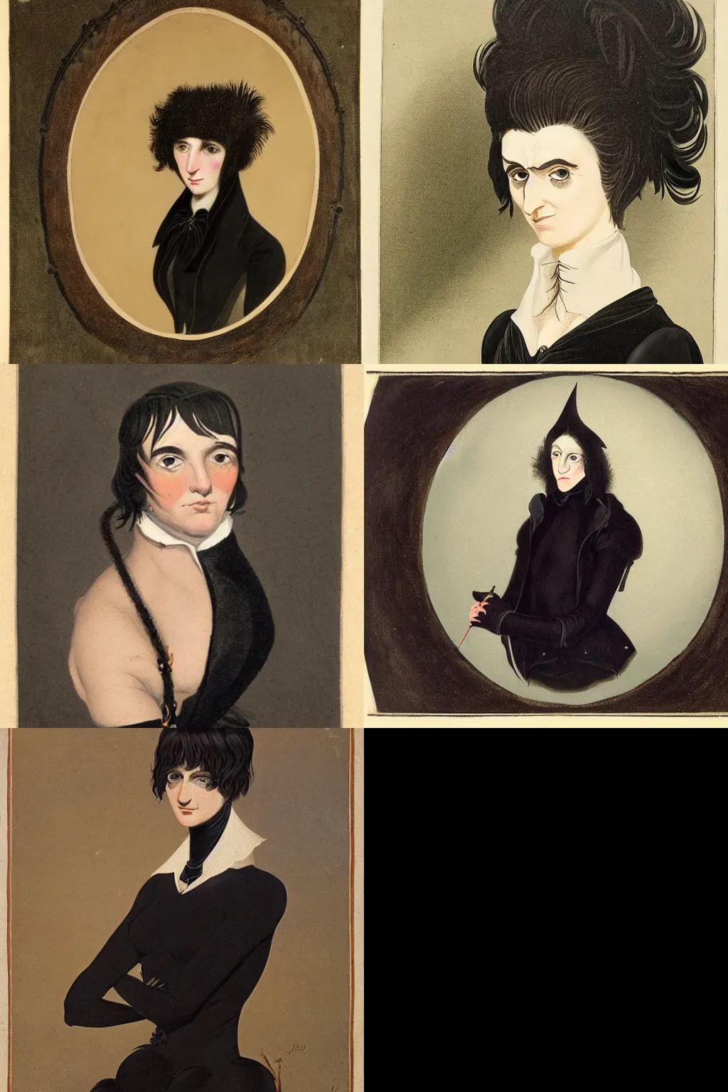 Prompt: goth painted by john james audubon. high - quality character portrait. short dark brown messy pixie haircut, large black eyes, slightly rounded face, pointed chin, small nose, black tank top, black leather jacket, black knee - length skirt, black choker.