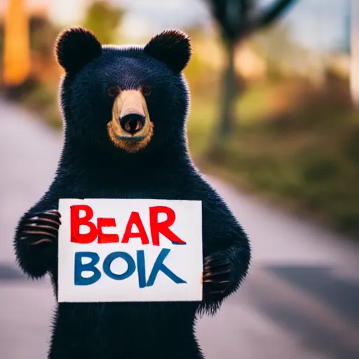 Image similar to bear holding a sign that says bear, 5 0 mm lens, bokeh, good lighting