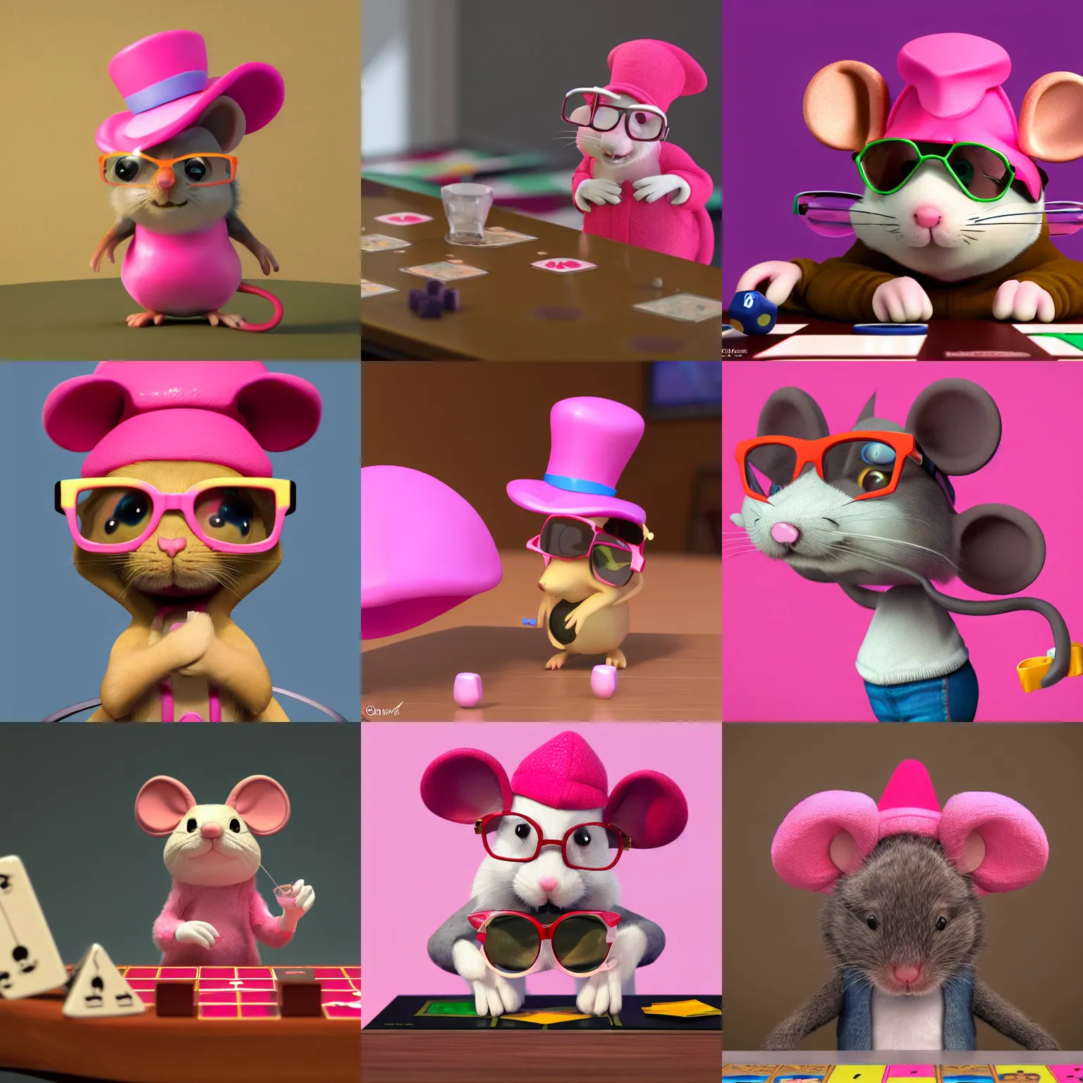 Prompt: cute mouse wearing a pink doctoral hat and glasses playing board game, concept art, cgsociety, octane render, trending on artstation, artstationHD, artstationHQ, unreal engine, 4k, 8k --height 768