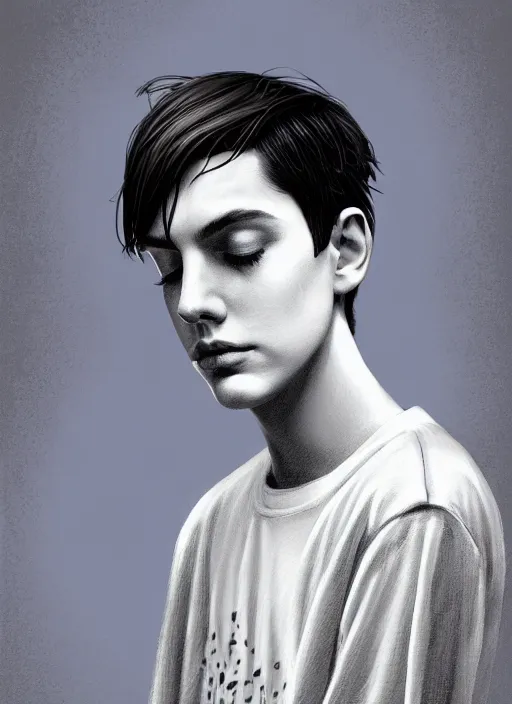 Image similar to portrait of teenage jughead jones wearing a light grey crown, photorealistic, crown, eyes closed, crown, black hair, intricate, elegant, glowing lights, highly detailed, digital painting, artstation, concept art, smooth, sharp focus, illustration, art by wlop, mars ravelo and greg rutkowski