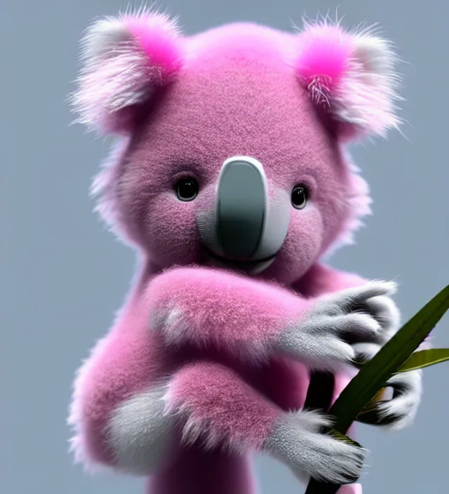 Image similar to high quality 3 d render hyperrealistic very cute small pink koala smoking weed joint, rising smoke, plush mascot, short spiky dense fluffy smooth hair, photo from the side, pink fluffy fur, 1 5 0 mm, beautiful natural soft light, rim light, vray, smooth background, artstation, ultra detailed