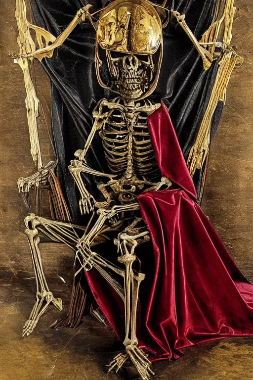 Prompt: wraith skeleton knight wearing crimson cloak sitting on throne, mechanic electric ornaments, golden metallic, realistic, detailed, by caravaggio