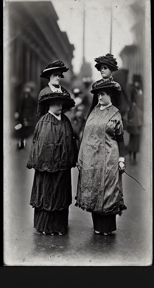 Image similar to wet plate photograph, fashionable ladies on the streets of San Francisco, 1908