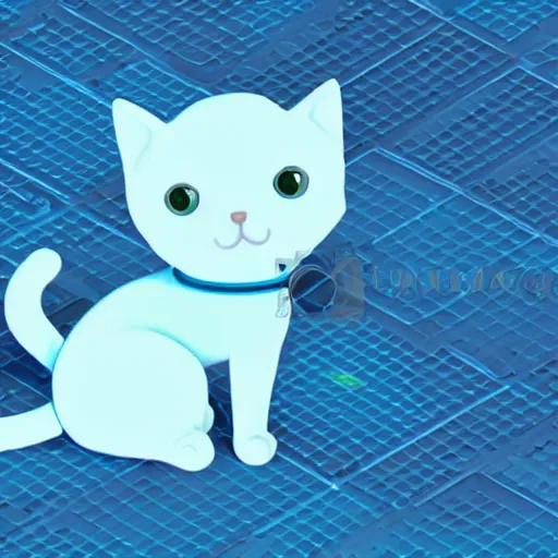 Prompt: icon of a cute cat in light blue metallic iridescent material, 3d render isometric perspective on dark background