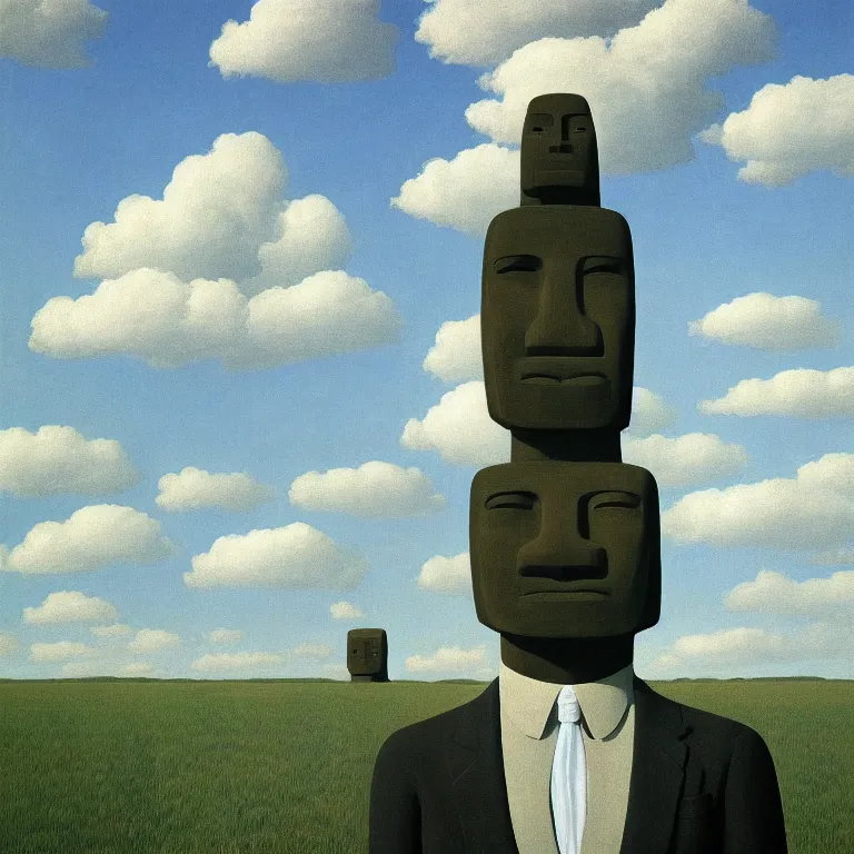 Image similar to portrait of a faceless moai - head man in a suit, clouds in the background, by rene magritte, detailed painting, distance, middle centered, hd, hq, high resolution, high detail, 4 k, 8 k