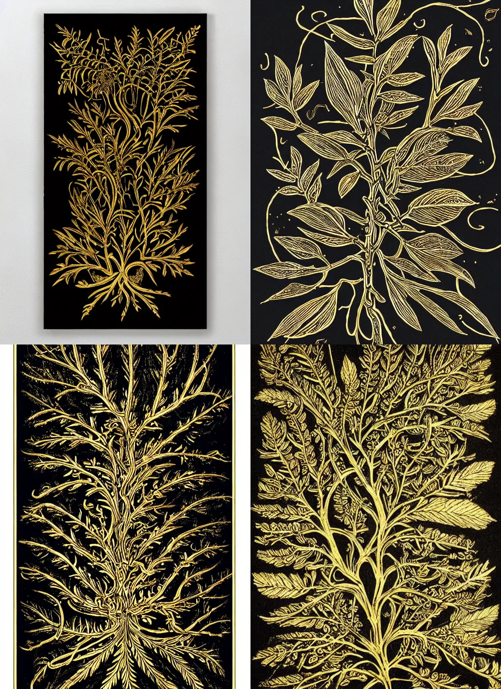 Prompt: Intricate and complex Da Vinci style drawing of plants with leaves and roots. Gold ink on black paper. Detailed. high quality. Graphic design. black and gold scheme. grunge and dirty.