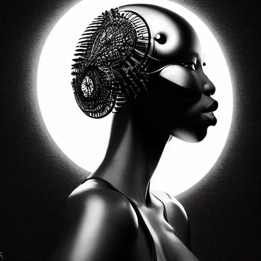 Image similar to portrait of an absurdly beautiful, graceful, sophisticated, fashionable black cyberpunk mechanoid gravure idol, ultrafine hyperdetailed illustration by irakli nadar, alek wek, matt wisniewski style, intricate linework, ebony skin, neon jellyfish headdress, ivory carved ruff, unreal engine 5 highly rendered, global illumination, radiant light, detailed and intricate environment