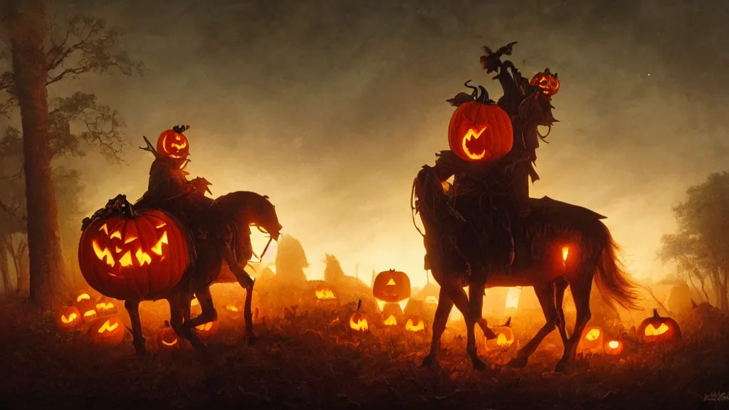 Image similar to a jack - o - lantern headed colonial rider!!!! on lone rampant!!! ( ( black horse ) ) with fiery eyes, background gnarled trees and large supermoon, in the styles of greg rutkowski, keith parkinson, and john quidor, intricate, detailed, volumetric lighting