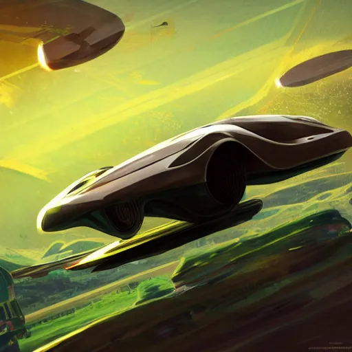 Image similar to solarpunk hovercar, clean energy, green technology, batoidea shape, airspace, sunny day, futurism, intricate, engines, glow, highly detailed, peaceful, utopia, bright, digital painting, artstation, concept art, smooth, sharp focus, epic landscape, art by akihiko yoshida and tim mcburnie and anato finnstark