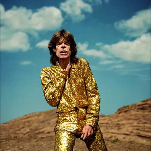 Image similar to mick jagger dressed in golden costume with jewels in a dry rocky desert landscape, visible sky and sunny atmosphere, fata morgana by alejandro jodorowsky, anamorphic lens, kodakchrome, 8 k -