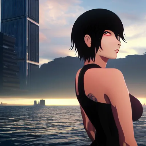 Prompt: ghost in the shell, sunset, glowing light, sharp focus, unreal engine 5, photorealistic, highly detailed, attractive girl, black hair, middle length hair, sexy body, skyscrapers in the background, a sea in the middle ground, the girl is in the boat watching from the back view »