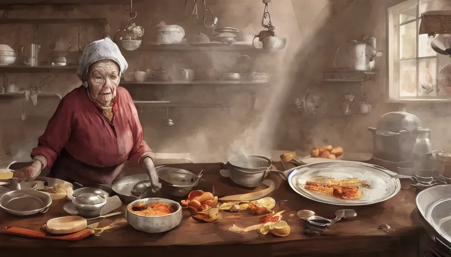 Image similar to old eastern lady cooking in her old 1 8 0 0's kitchen, pan and plates, hyperdetailed, artstation, cgsociety, 8 k