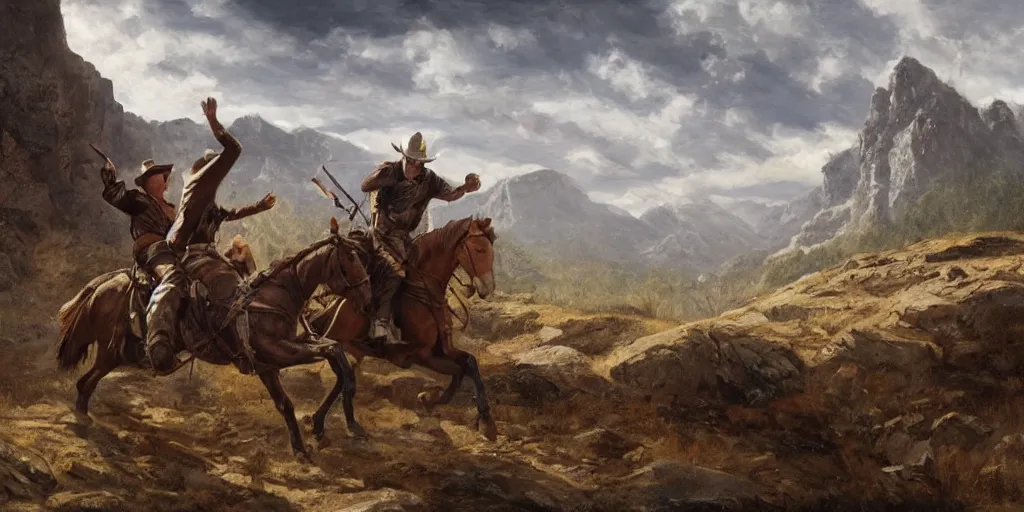 Prompt: two cowboys fighting in a mountain-pass, grim, violent, in the style of Fredrick Remington