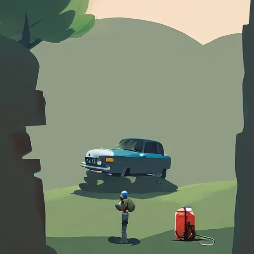 Image similar to hiker unloading the car before camping, style by goro fujita