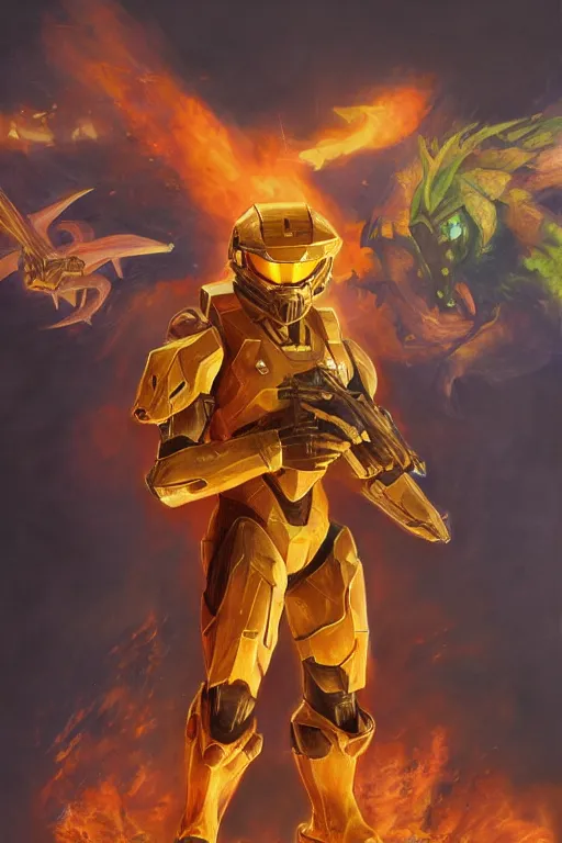 Prompt: master chief as charizard, oil on canvas, intricate, portrait, 8 k highly professionally detailed, hdr, cgsociety