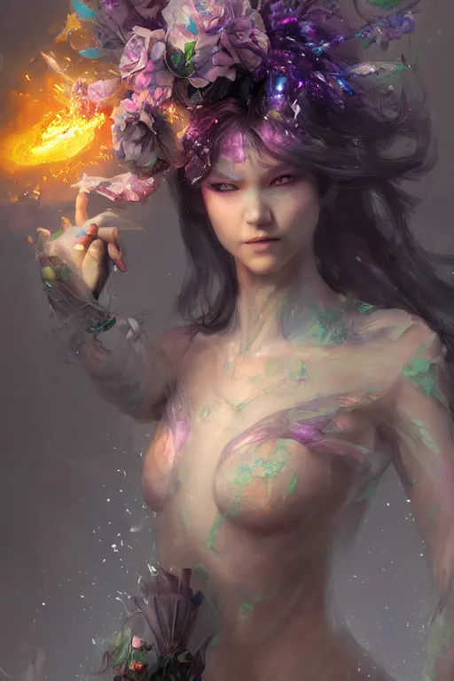 Image similar to face closeup of beautiful woman necromancer, magical fairy exploding into flowers and ice, angels, 3 d render, hyper - realistic detailed portrait, holding fire and electricity rainbow, ruan jia, wlop. scifi, fantasy, magic the gathering, hyper detailed, octane render, concept art, peter mohrbacher