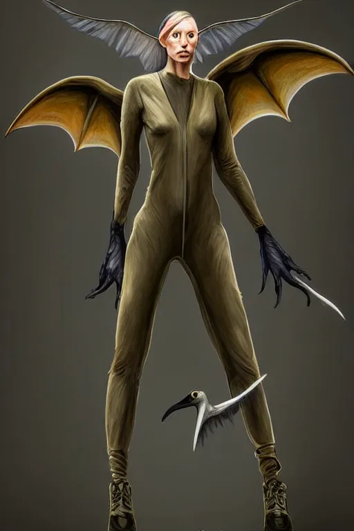 Prompt: epic professional digital art of female human - pterodactyl hybrid animal wearing air force jumpsuit, pterodactyl bat like wings, painting, by lisa roet, reyna rochin, iris van herpen, leesha hannigan, artstation, cgsocietywlop, epic, much wow, much detail, gorgeous, detailed, cinematic, masterpiece