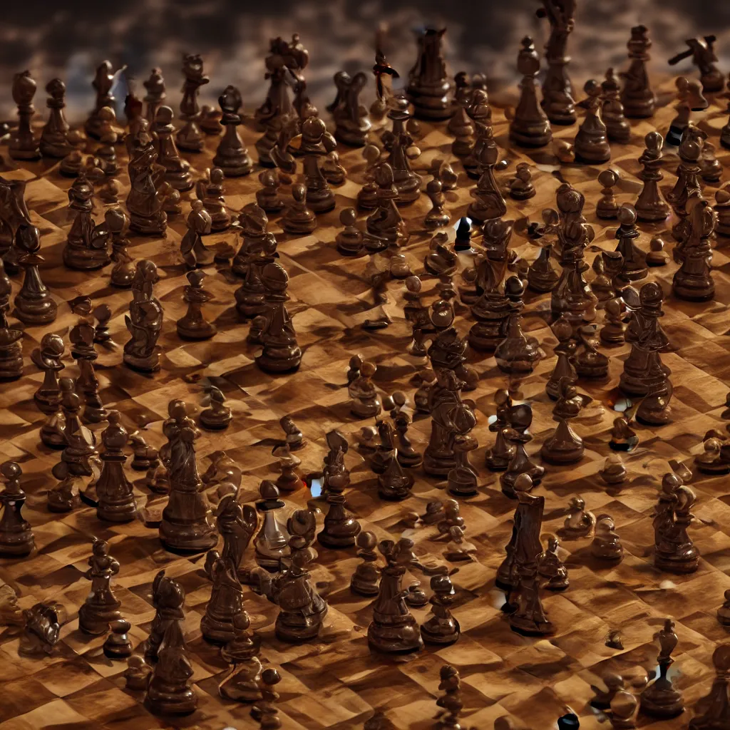 Prompt: Demons versus Angels as chess pieces on chessboard as battle field, cinematic lighting, photo realistic image, 4K, super detailed, cinematic look