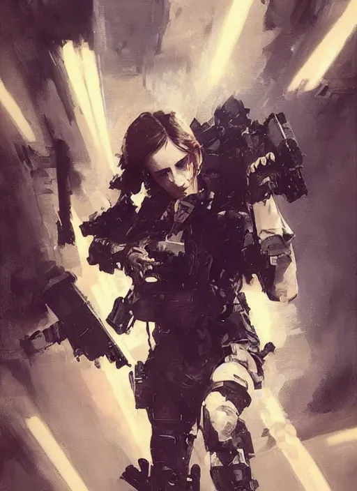 Image similar to emma watson wearing metal gear armor holding ak-47 dramatic lighting art by Yoji Shinkawa by Richard Schmid by greg rutkowski by Sandra Chevrier by Jeremy Lipking cinematic dramatic