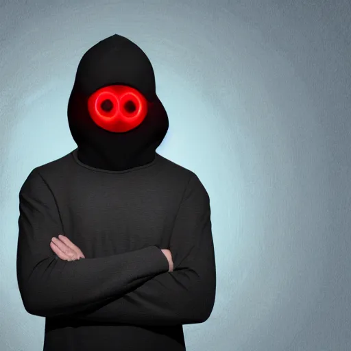 Prompt: a highly detailed headshot portrait of a man wearing a balaclava with a hoodie with glowing red eyes concept art