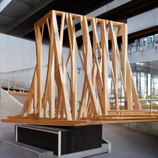 Image similar to extremely complicated wooden frame bridge designed by sou fujimoto