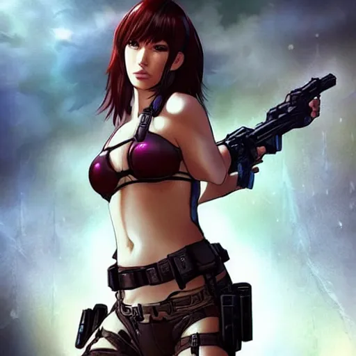 Image similar to concept art illustration of young japanese christina hendricks natalie portman as lara croft motoko kusanagi anime protagonist, wearing combat warrior fantasy bikini, intricate, elegant, art by artgerm and rosstran, masamune shirow