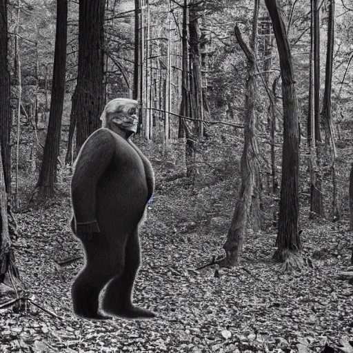 Image similar to donald trump as bigfoot, cryptozoology photograph, forest, setting,