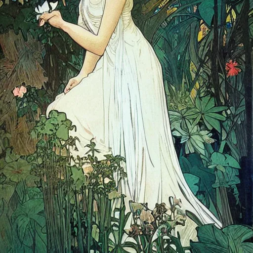 Image similar to elegant woman, white dress, dense jungle, trees, huge flowers, by alphonse mucha