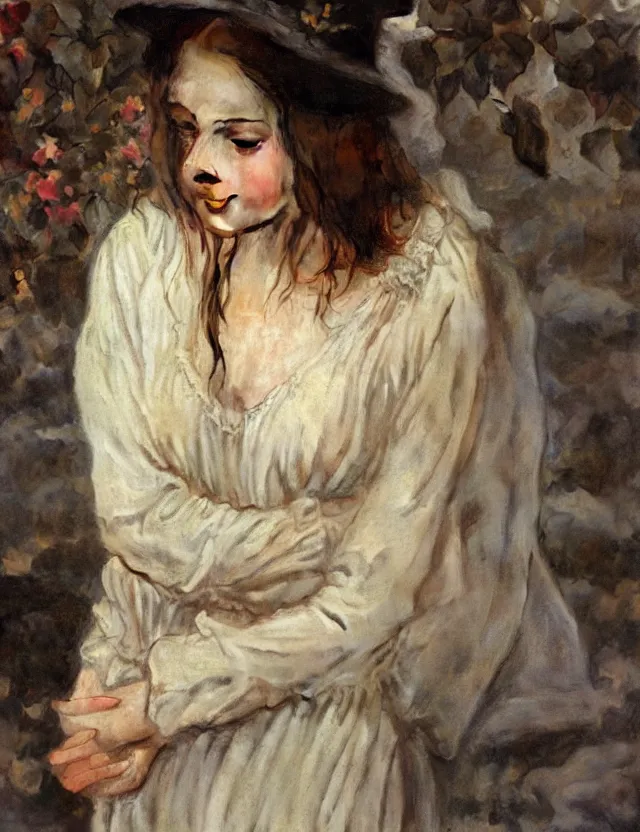 Image similar to tempting peasant girl with deep décolleté looking in the camera, high angle view, portrait , Cinematic focus, Polaroid photo, vintage, neutral colors, soft lights, foggy, by Steve Hanks, by Serov Valentin, by lisa yuskavage, by Andrei Tarkovsky 8k render, detailed, oil on canvas