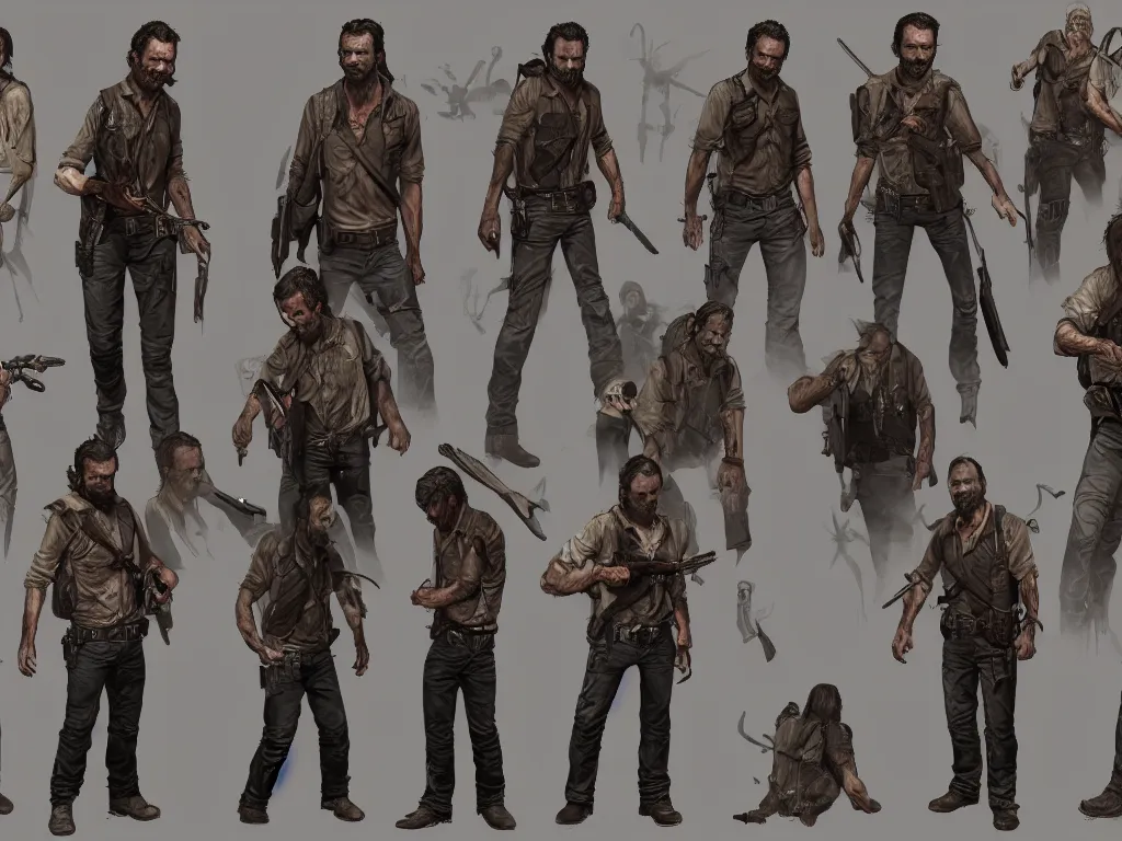 Image similar to character design sheet, rick grimes, the walking dead, fantasy, medieval, vivid colors, concept art, sharp focus, digital art, Hyper-realistic, 4K, Unreal Engine, Highly Detailed, HD, Dramatic Lighting by Brom, trending on Artstation