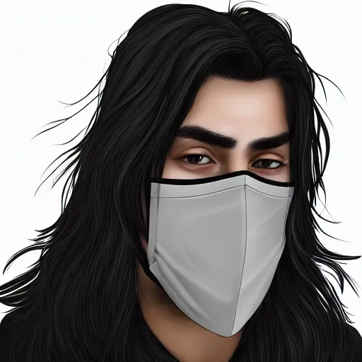 Image similar to professional fantasy digital art of a young adult man with slightly long hair wearing a black face mask and a form-fitting dark sweatshirt, high quality, HD, 8K, highly detailed, award-winning, dark color palette