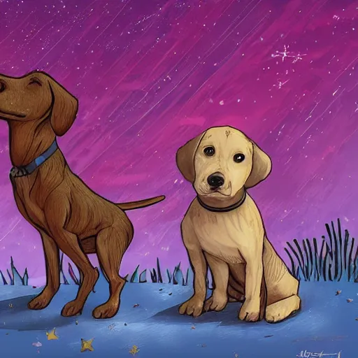 Prompt: a kid and a dog staring at the stars, digital art