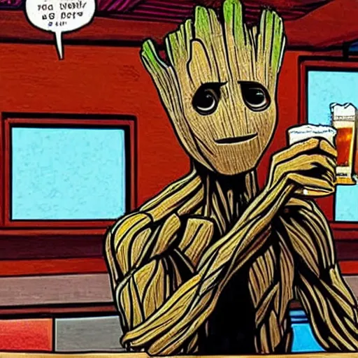 Image similar to groot at a bar, drinking beer