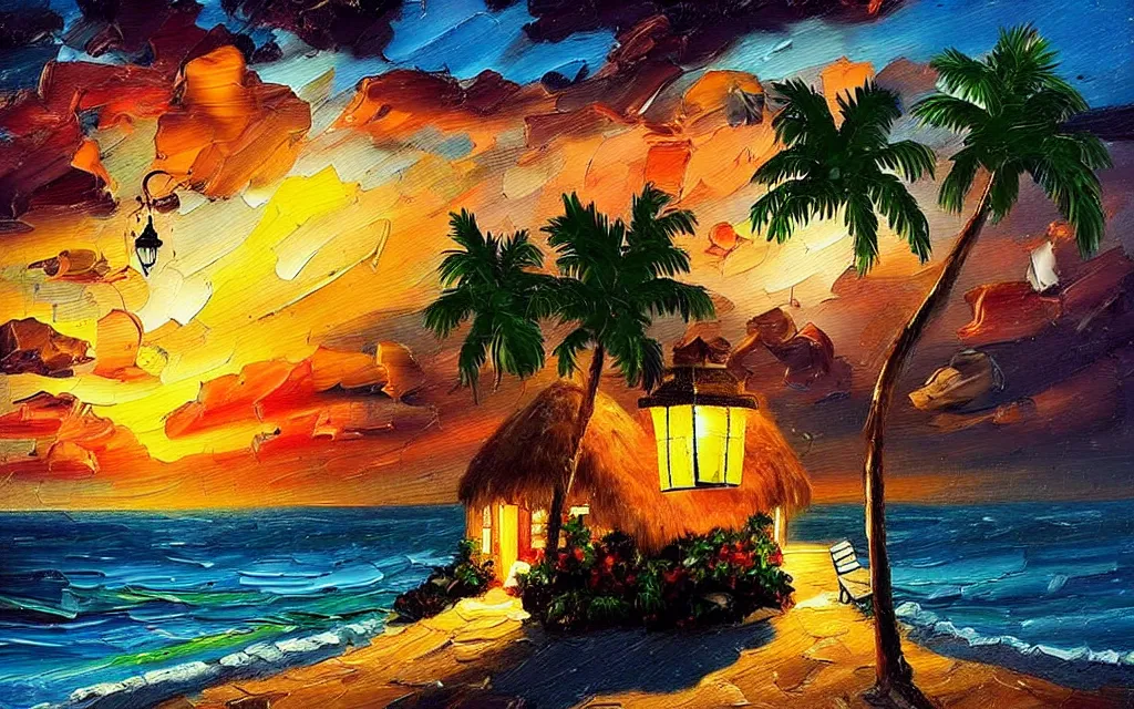 Image similar to a very very small island! cute cozy cottage!! and lanterns!!!, chairs, fireplace, palm trees, dark very late evening cloudy sunset, dramatic and dynamic lighting, thick brush strokes oil impasto painting