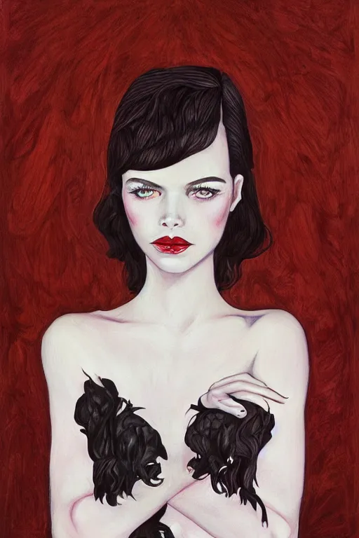 Prompt: portrait of a young beautiful woman with dark hair and dark eyes artwork by Martine Johanna, Jack Gaughan