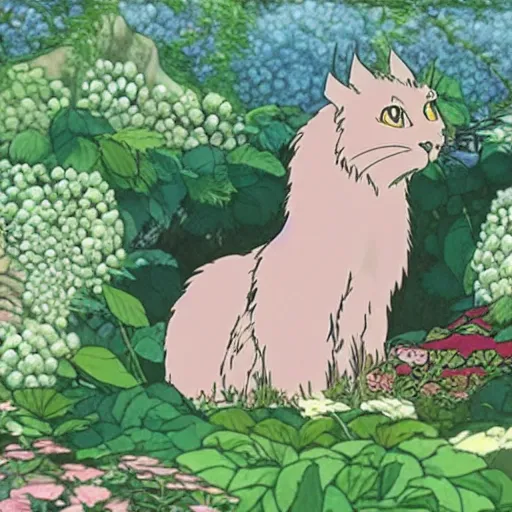 Image similar to furr creature in the flowers made by studio ghibli, beautiful scene, detailed, high quality