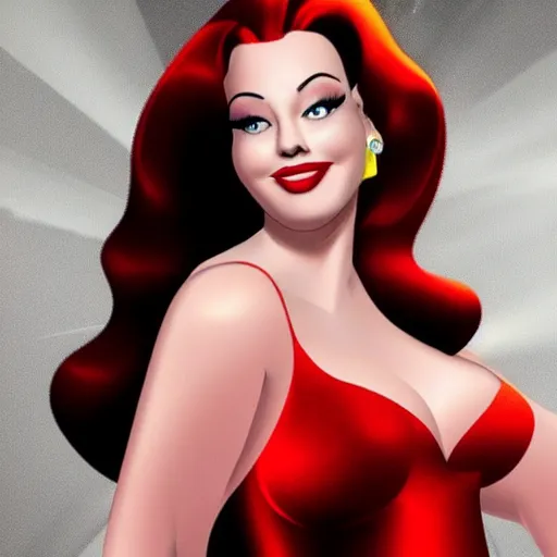 Image similar to Photograph of Jessica Rabbit if she were a real person.