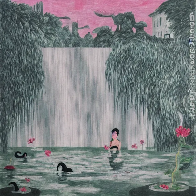 Image similar to painting of flood waters inside an apartment, emo catgirl art student, a river flooding inside, taps with running water, tangelos, zen, pigs, ikebana, water, river, rapids, waterfall, black swans, canoe, pomegranate, berries dripping, acrylic on canvas, surrealist, by magritte and monet