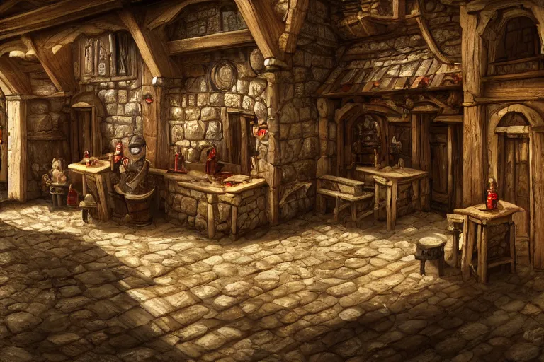 Prompt: A tiny medieval tavern viewed from the inside, texture, intricate, details, highly detailed, masterpiece, architecture, building, trending on artstation, focus, sharp focus, concept art, digital painting, fantasy, sunny, day, midday