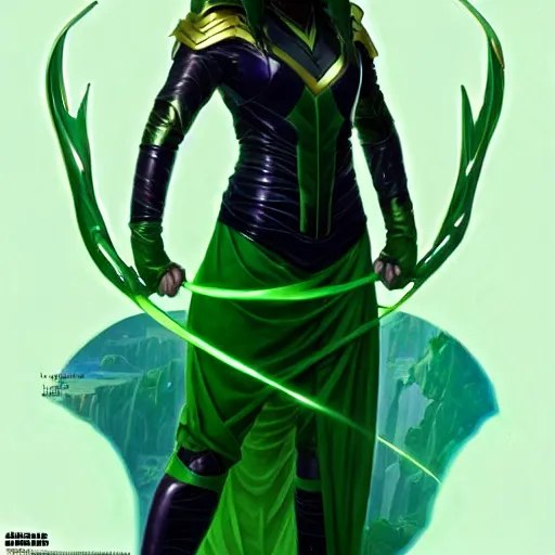 Image similar to Billie Eilish as Female Loki, very detailed, digital art, trending on artstation, concept art, smooth, illustration, art by artgerm and greg rutkowski and alphonse mucha and J. C. Leyendecker and Edmund Blair Leighton and Katsuhiro Otomo and Geof Darrow and Phil hale and Ashley wood