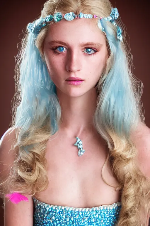 Image similar to a princess with long blonde hair and light blue eyes wearing a strapless elaborately beaded pink dress, high resolution film still, 8k, HDR color, film by Simon Langton and David Frankel, triangular face, very light freckles, round narrow chin, straight jawline, natural lips, high cheekbones, beautiful gazing eyes