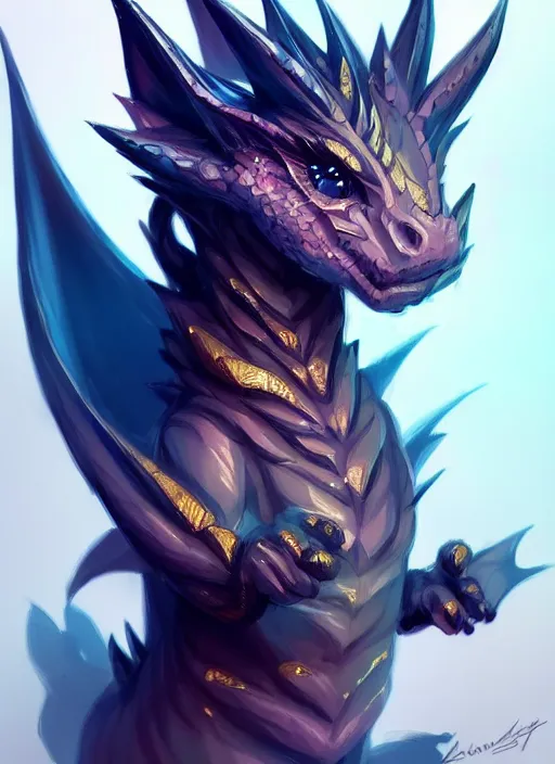 Prompt: cute small dragon, dark, black white, blue, pink and gold color scheme, flowers, cool, highly detailed, artgerm, cushart krenz, artstation, soft light, sharp focus, illustration, character design, concept art