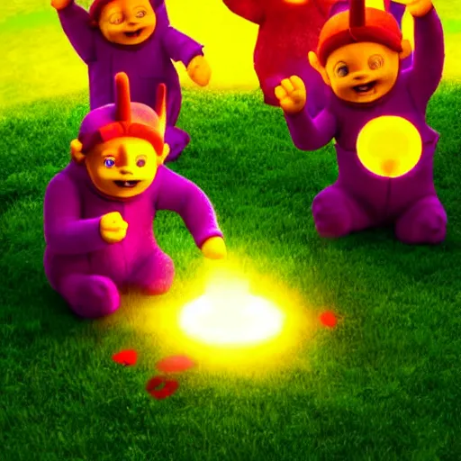 Prompt: the teletubbies performing a sacrifice ritual to their sun god, horror, scary, unsettling, creepy, digital art, high quality, high resolution