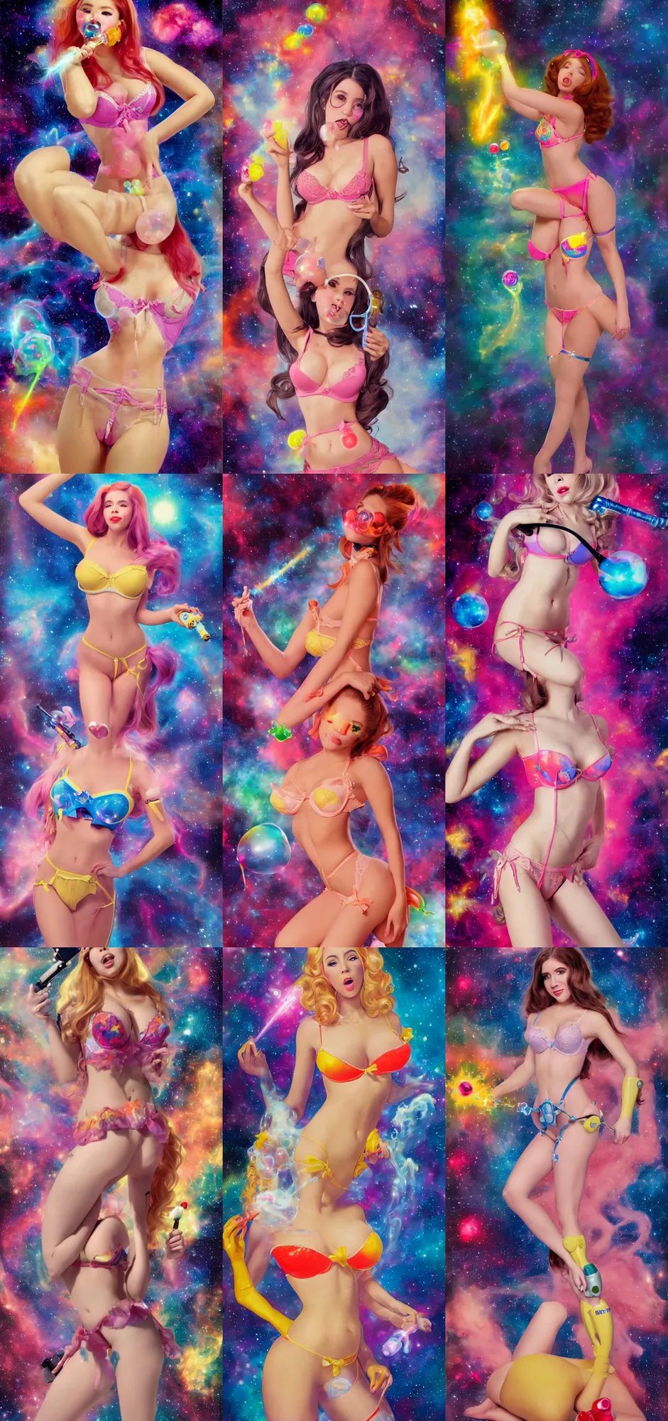 Prompt: belle delphine in sexy lingerie holding a ray - gun and blowing a bubble, full body, background is a colorful maximalist nebula, by boris vallejo