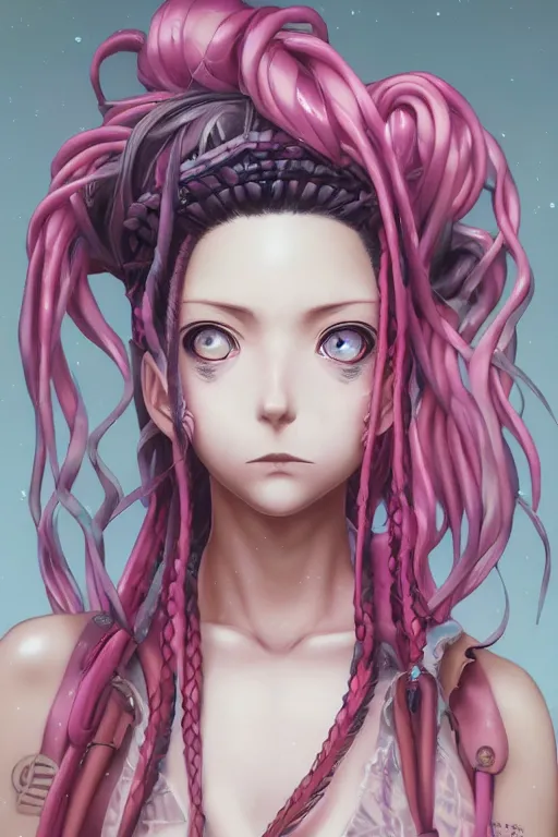 Image similar to portrait of an anime manga girl with pink snake dreads, straight on portrait, by artgerm, james jean, tom bagshaw, gerald brom, vaporwave colors, lofi colors, vaporwave, lofi, goth vibe, 4 k, smooth, hd, substance designer render, full body character concept art, symmetrical,