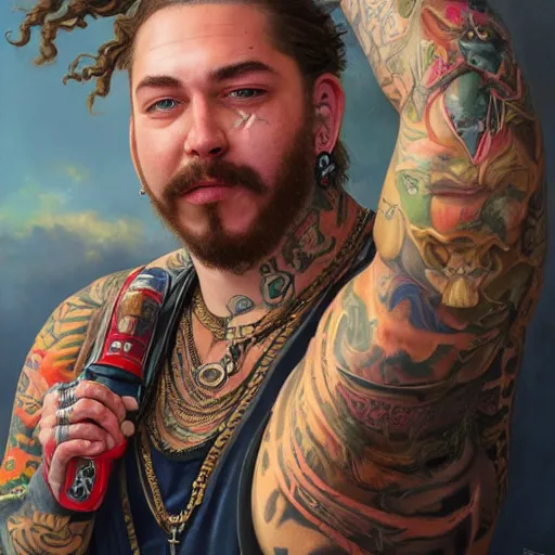 Prompt: epic portrait of post malone with face tattoos, detailed, digital painting, artstation, concept art, donato giancola, joseph christian leyendecker, wlop, boris vallejo, breathtaking, high details, extremely detailed, establishing shot, artistic, hyper realistic, octane render