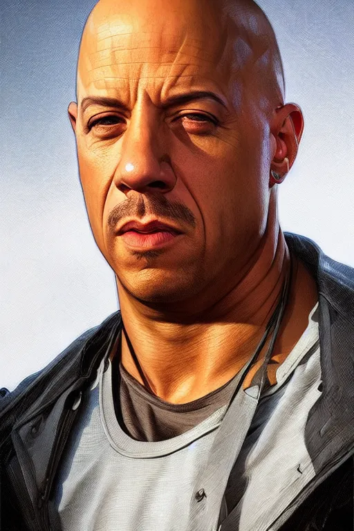 Image similar to vin diesel as walter white, realistic portrait, symmetrical, highly detailed, digital painting, artstation, concept art, smooth, sharp focus, illustration, cinematic lighting, art by artgerm and greg rutkowski and alphonse mucha