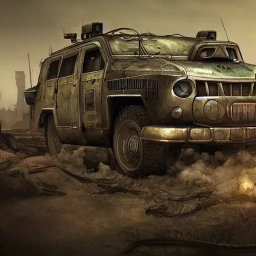 Image similar to a post-apocalyptic APC in the style of fallout in the style of mad-max in the style of metro:2033 trending on artstation deviantart Pinterest Photorealistic HD 8k highlights and shadow detailed High Resolution